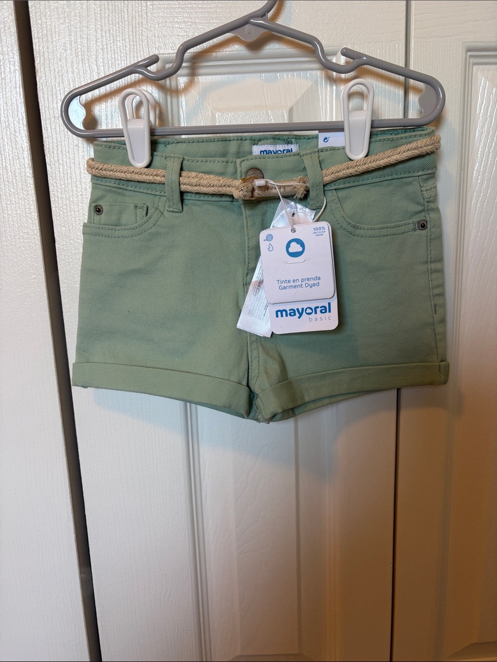 Mayoral Light Sage Green High-Waist Girls' Shorts with Braided Belt